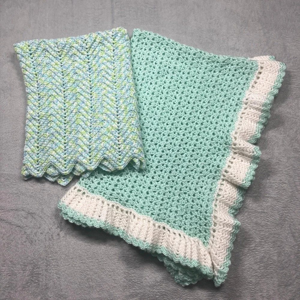 Handmade Crochet Baby Blanket Set 2pc Mint Green White Chevron Blue Multi